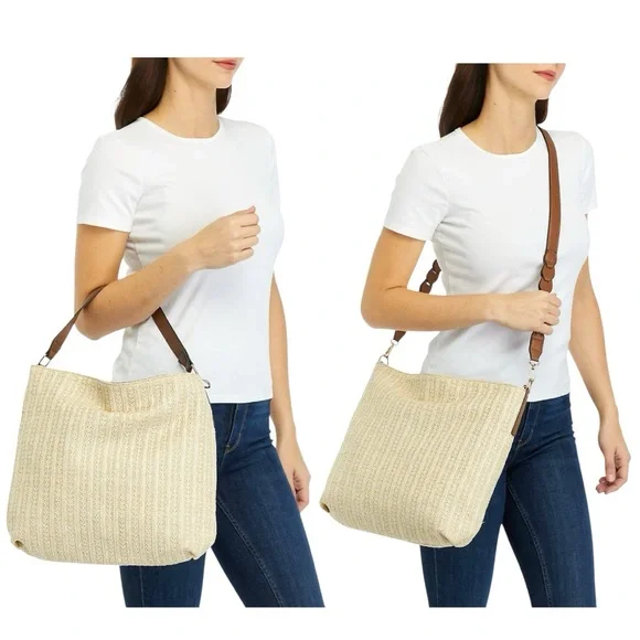 Kim Rogers Woven Straw Hobo Shoulder Bag w/ Removable Strap Tan/Natural NWOT - Picture 3 of 15